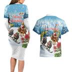 New Zealand and Australia Merry Christmas Couples Matching Long Sleeve Bodycon Dress and Hawaiian Shirt Kiwi Birds Skiing and Koala Santa Riding Kangaroo