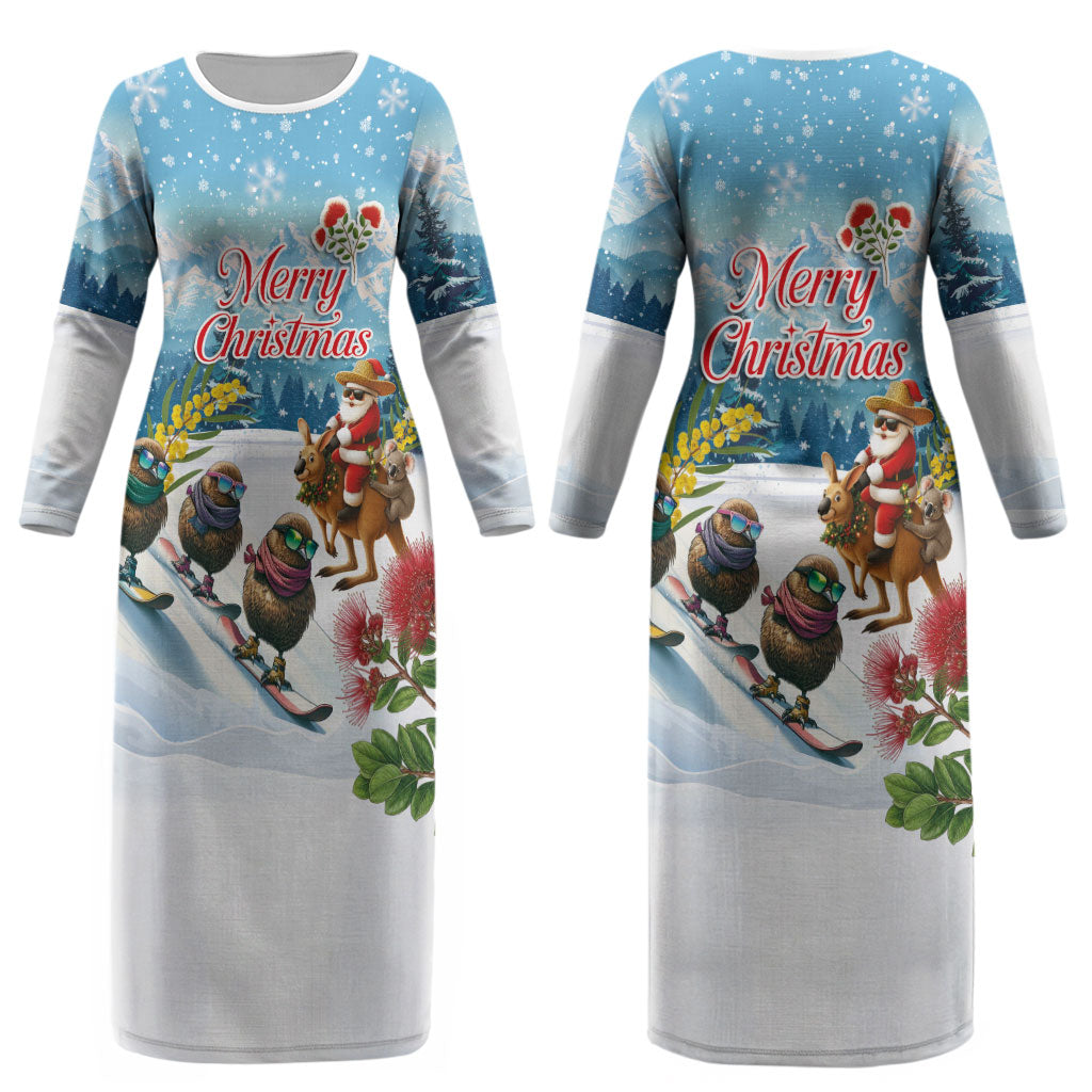 New Zealand and Australia Merry Christmas Couples Matching Long Sleeve Bodycon Dress and Hawaiian Shirt Kiwi Birds Skiing and Koala Santa Riding Kangaroo LT03
