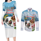 New Zealand and Australia Merry Christmas Couples Matching Long Sleeve Bodycon Dress and Long Sleeve Button Shirt Kiwi Birds Skiing and Koala Santa Riding Kangaroo