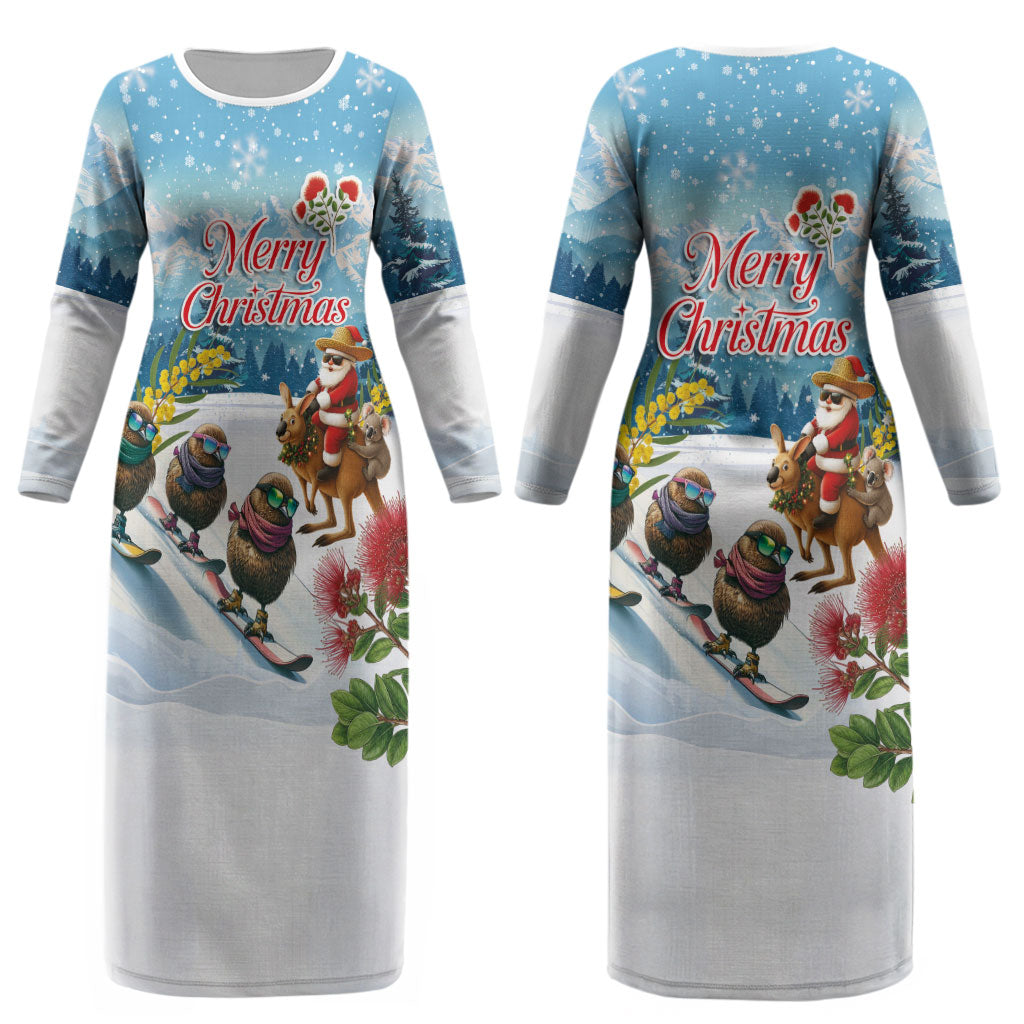 New Zealand and Australia Merry Christmas Couples Matching Long Sleeve Bodycon Dress and Long Sleeve Button Shirt Kiwi Birds Skiing and Koala Santa Riding Kangaroo LT03