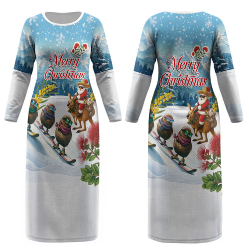 New Zealand and Australia Merry Christmas Couples Matching Long Sleeve Bodycon Dress and Long Sleeve Button Shirt Kiwi Birds Skiing and Koala Santa Riding Kangaroo LT03