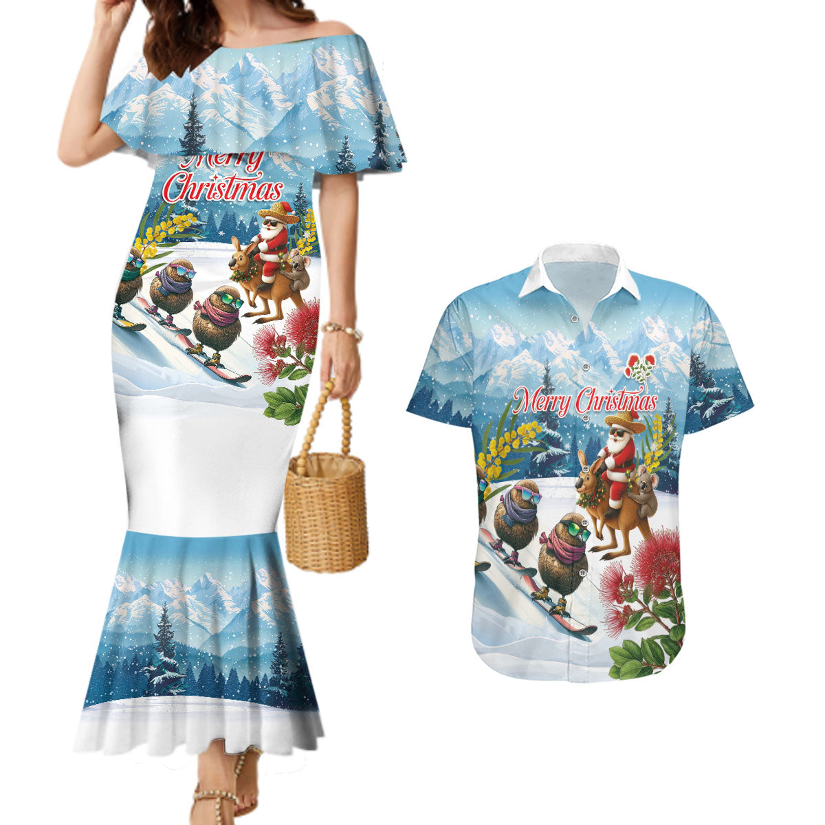 New Zealand and Australia Merry Christmas Couples Matching Mermaid Dress and Hawaiian Shirt Kiwi Birds Skiing and Koala Santa Riding Kangaroo