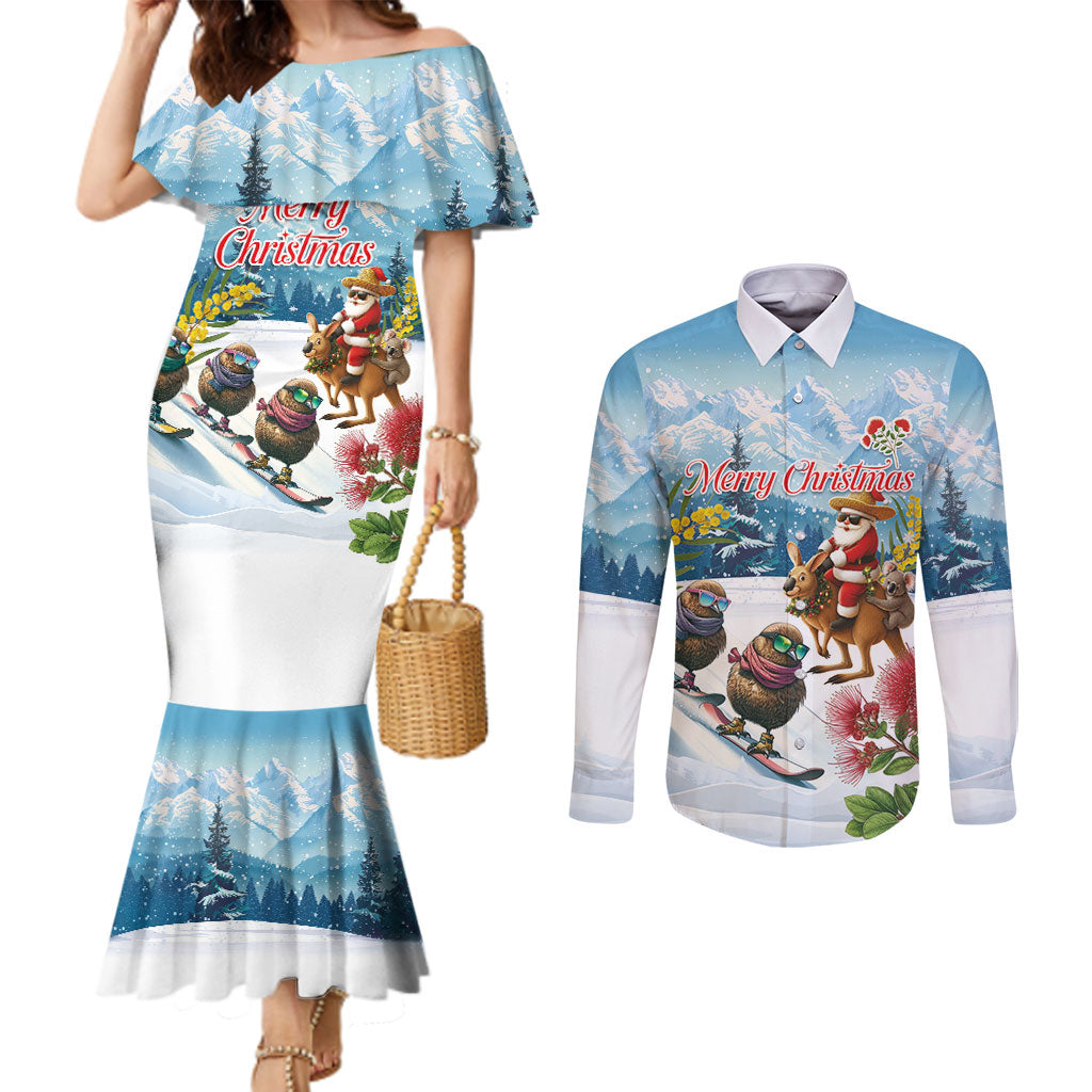 New Zealand and Australia Merry Christmas Couples Matching Mermaid Dress and Long Sleeve Button Shirt Kiwi Birds Skiing and Koala Santa Riding Kangaroo