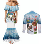 New Zealand and Australia Merry Christmas Couples Matching Mermaid Dress and Long Sleeve Button Shirt Kiwi Birds Skiing and Koala Santa Riding Kangaroo