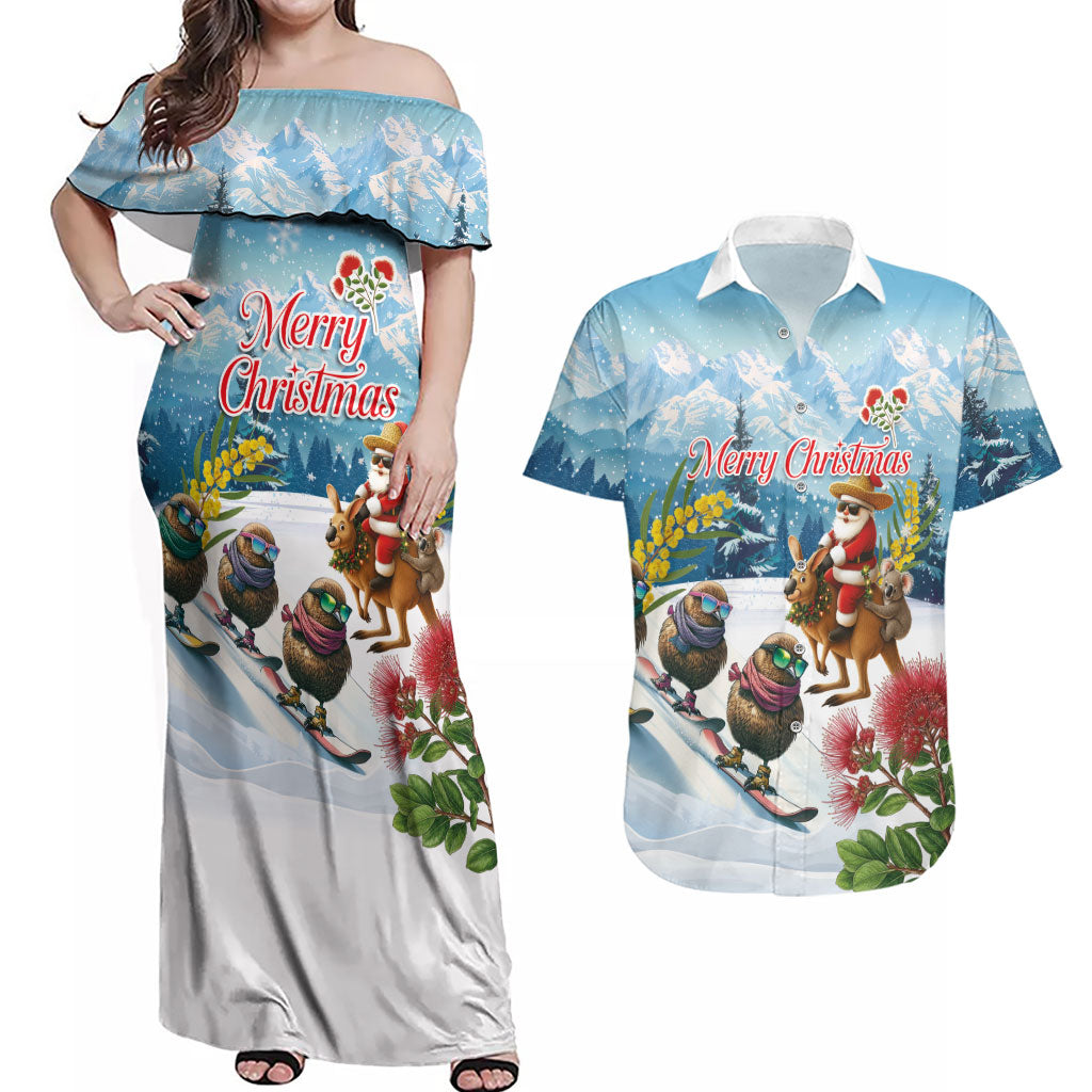 New Zealand and Australia Merry Christmas Couples Matching Off Shoulder Maxi Dress and Hawaiian Shirt Kiwi Birds Skiing and Koala Santa Riding Kangaroo