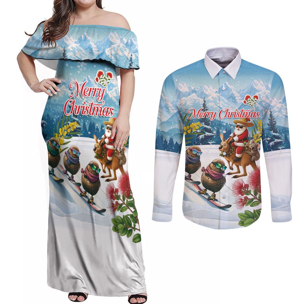 New Zealand and Australia Merry Christmas Couples Matching Off Shoulder Maxi Dress and Long Sleeve Button Shirt Kiwi Birds Skiing and Koala Santa Riding Kangaroo
