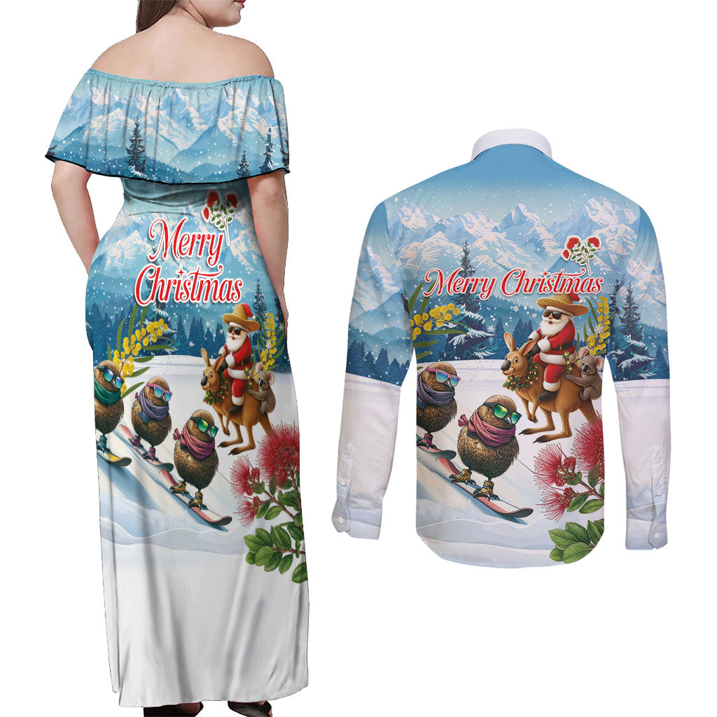 New Zealand and Australia Merry Christmas Couples Matching Off Shoulder Maxi Dress and Long Sleeve Button Shirt Kiwi Birds Skiing and Koala Santa Riding Kangaroo