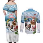 New Zealand and Australia Merry Christmas Couples Matching Off Shoulder Maxi Dress and Long Sleeve Button Shirt Kiwi Birds Skiing and Koala Santa Riding Kangaroo