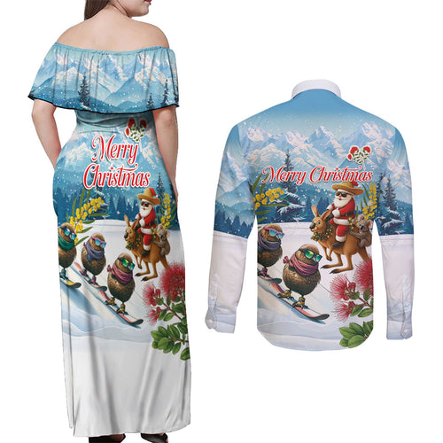 New Zealand and Australia Merry Christmas Couples Matching Off Shoulder Maxi Dress and Long Sleeve Button Shirt Kiwi Birds Skiing and Koala Santa Riding Kangaroo