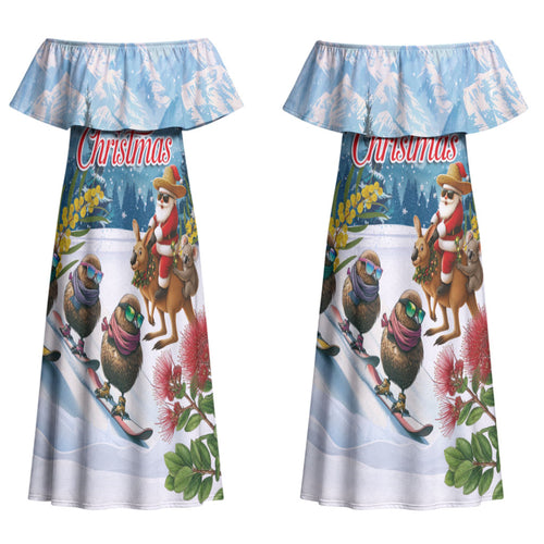 New Zealand and Australia Merry Christmas Couples Matching Off Shoulder Maxi Dress and Long Sleeve Button Shirt Kiwi Birds Skiing and Koala Santa Riding Kangaroo LT03