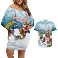 New Zealand and Australia Merry Christmas Couples Matching Off Shoulder Short Dress and Hawaiian Shirt Kiwi Birds Skiing and Koala Santa Riding Kangaroo