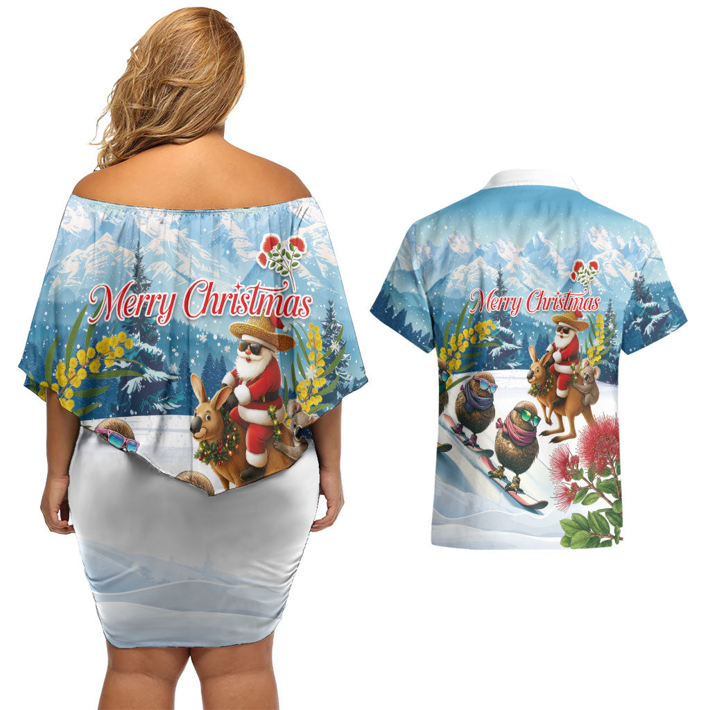 New Zealand and Australia Merry Christmas Couples Matching Off Shoulder Short Dress and Hawaiian Shirt Kiwi Birds Skiing and Koala Santa Riding Kangaroo