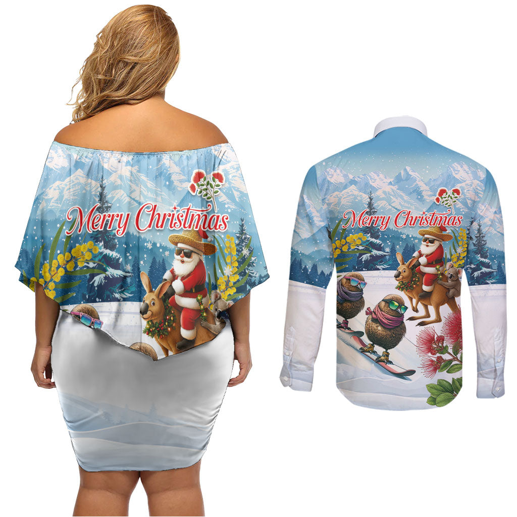 New Zealand and Australia Merry Christmas Couples Matching Off Shoulder Short Dress and Long Sleeve Button Shirt Kiwi Birds Skiing and Koala Santa Riding Kangaroo