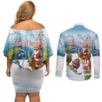 New Zealand and Australia Merry Christmas Couples Matching Off Shoulder Short Dress and Long Sleeve Button Shirt Kiwi Birds Skiing and Koala Santa Riding Kangaroo