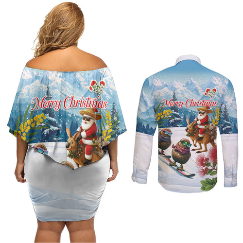 New Zealand and Australia Merry Christmas Couples Matching Off Shoulder Short Dress and Long Sleeve Button Shirt Kiwi Birds Skiing and Koala Santa Riding Kangaroo