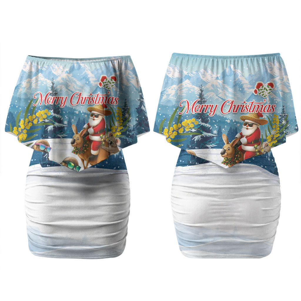 New Zealand and Australia Merry Christmas Couples Matching Off Shoulder Short Dress and Long Sleeve Button Shirt Kiwi Birds Skiing and Koala Santa Riding Kangaroo LT03