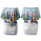 New Zealand and Australia Merry Christmas Couples Matching Off Shoulder Short Dress and Long Sleeve Button Shirt Kiwi Birds Skiing and Koala Santa Riding Kangaroo LT03