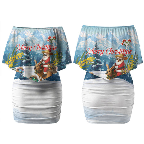 New Zealand and Australia Merry Christmas Couples Matching Off Shoulder Short Dress and Long Sleeve Button Shirt Kiwi Birds Skiing and Koala Santa Riding Kangaroo LT03