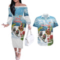 New Zealand and Australia Merry Christmas Couples Matching Off The Shoulder Long Sleeve Dress and Hawaiian Shirt Kiwi Birds Skiing and Koala Santa Riding Kangaroo