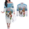 New Zealand and Australia Merry Christmas Couples Matching Off The Shoulder Long Sleeve Dress and Long Sleeve Button Shirt Kiwi Birds Skiing and Koala Santa Riding Kangaroo