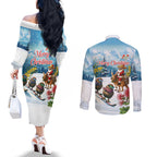 New Zealand and Australia Merry Christmas Couples Matching Off The Shoulder Long Sleeve Dress and Long Sleeve Button Shirt Kiwi Birds Skiing and Koala Santa Riding Kangaroo