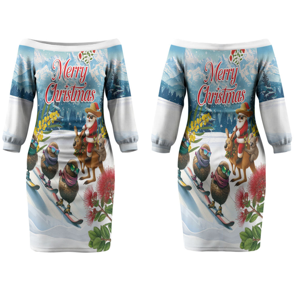 New Zealand and Australia Merry Christmas Couples Matching Off The Shoulder Long Sleeve Dress and Long Sleeve Button Shirt Kiwi Birds Skiing and Koala Santa Riding Kangaroo LT03