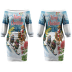 New Zealand and Australia Merry Christmas Couples Matching Off The Shoulder Long Sleeve Dress and Long Sleeve Button Shirt Kiwi Birds Skiing and Koala Santa Riding Kangaroo LT03