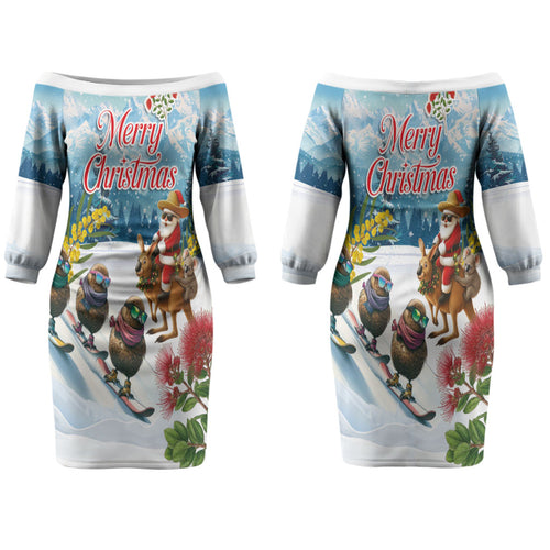 New Zealand and Australia Merry Christmas Couples Matching Off The Shoulder Long Sleeve Dress and Long Sleeve Button Shirt Kiwi Birds Skiing and Koala Santa Riding Kangaroo LT03