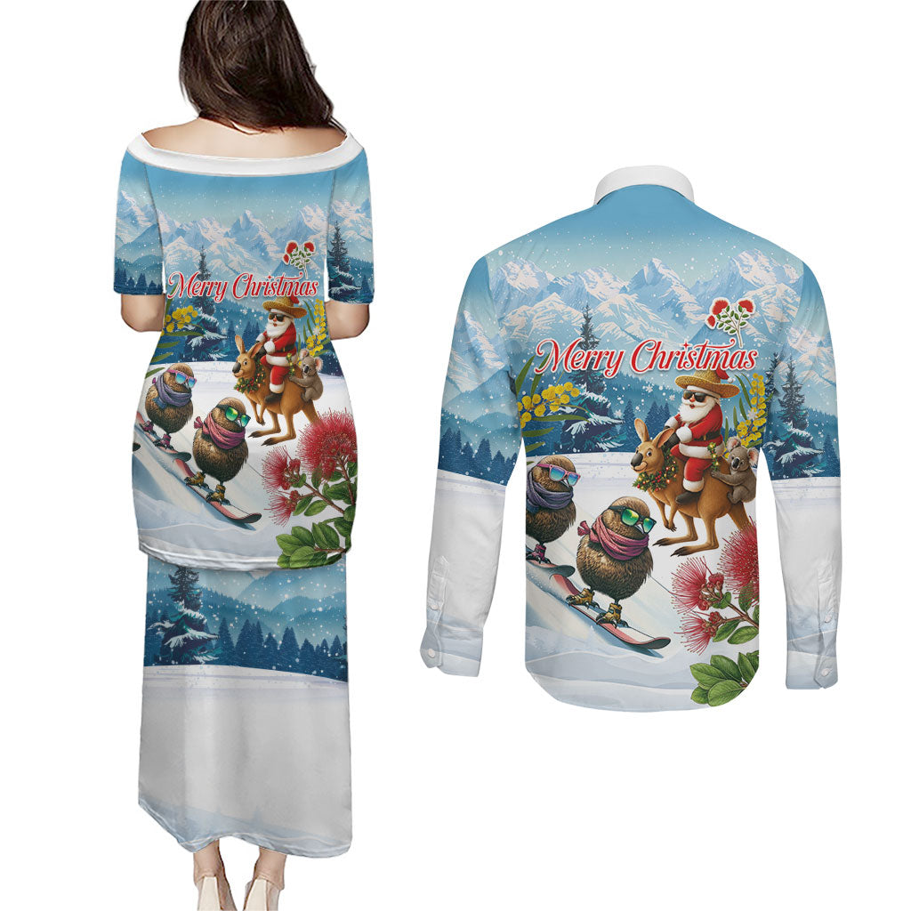 New Zealand and Australia Merry Christmas Couples Matching Puletasi and Long Sleeve Button Shirt Kiwi Birds Skiing and Koala Santa Riding Kangaroo