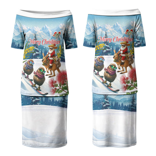New Zealand and Australia Merry Christmas Couples Matching Puletasi and Long Sleeve Button Shirt Kiwi Birds Skiing and Koala Santa Riding Kangaroo LT03