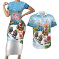 New Zealand and Australia Merry Christmas Couples Matching Short Sleeve Bodycon Dress and Hawaiian Shirt Kiwi Birds Skiing and Koala Santa Riding Kangaroo