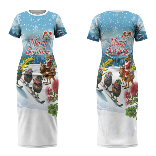 New Zealand and Australia Merry Christmas Couples Matching Short Sleeve Bodycon Dress and Hawaiian Shirt Kiwi Birds Skiing and Koala Santa Riding Kangaroo LT03