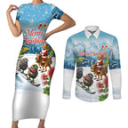 New Zealand and Australia Merry Christmas Couples Matching Short Sleeve Bodycon Dress and Long Sleeve Button Shirt Kiwi Birds Skiing and Koala Santa Riding Kangaroo