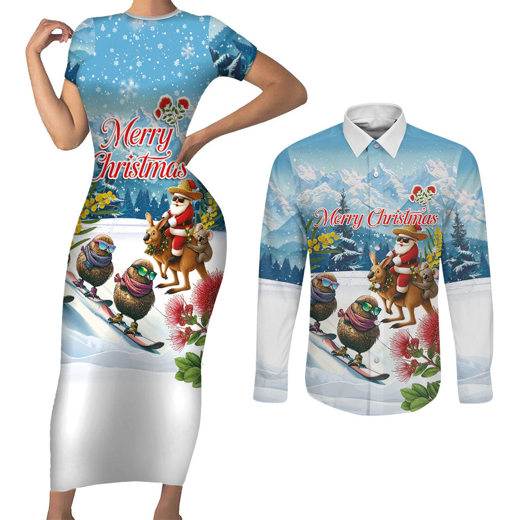 New Zealand and Australia Merry Christmas Couples Matching Short Sleeve Bodycon Dress and Long Sleeve Button Shirt Kiwi Birds Skiing and Koala Santa Riding Kangaroo