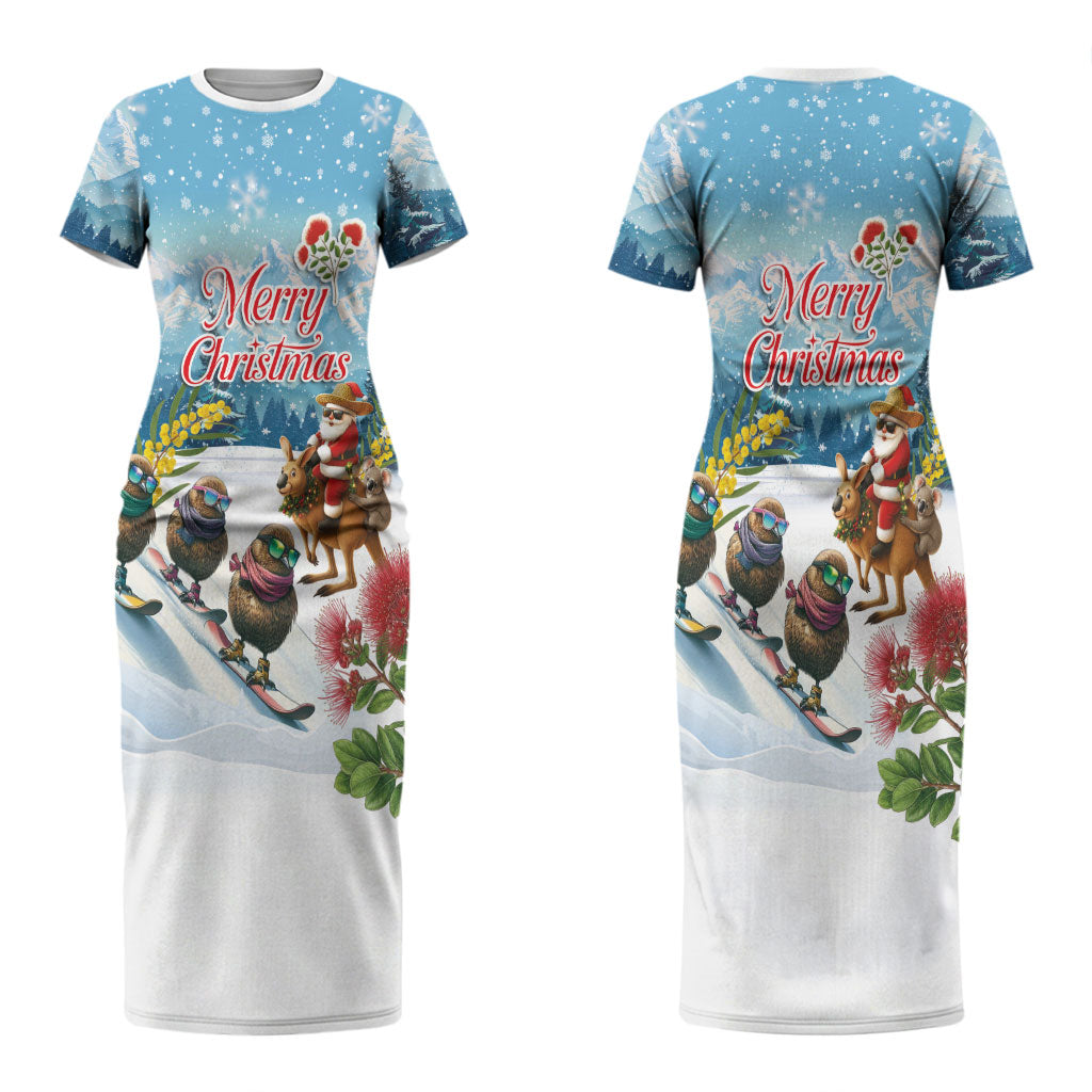 New Zealand and Australia Merry Christmas Couples Matching Short Sleeve Bodycon Dress and Long Sleeve Button Shirt Kiwi Birds Skiing and Koala Santa Riding Kangaroo LT03