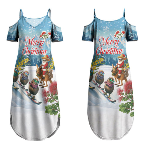 New Zealand and Australia Merry Christmas Couples Matching Summer Maxi Dress and Hawaiian Shirt Kiwi Birds Skiing and Koala Santa Riding Kangaroo LT03