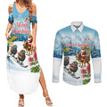 New Zealand and Australia Merry Christmas Couples Matching Summer Maxi Dress and Long Sleeve Button Shirt Kiwi Birds Skiing and Koala Santa Riding Kangaroo