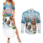 New Zealand and Australia Merry Christmas Couples Matching Summer Maxi Dress and Long Sleeve Button Shirt Kiwi Birds Skiing and Koala Santa Riding Kangaroo