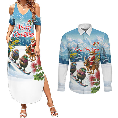 New Zealand and Australia Merry Christmas Couples Matching Summer Maxi Dress and Long Sleeve Button Shirt Kiwi Birds Skiing and Koala Santa Riding Kangaroo
