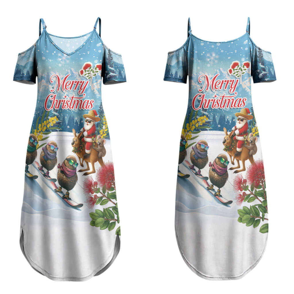 New Zealand and Australia Merry Christmas Couples Matching Summer Maxi Dress and Long Sleeve Button Shirt Kiwi Birds Skiing and Koala Santa Riding Kangaroo LT03