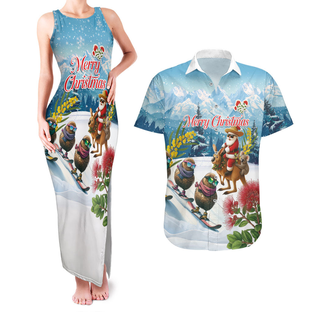 New Zealand and Australia Merry Christmas Couples Matching Tank Maxi Dress and Hawaiian Shirt Kiwi Birds Skiing and Koala Santa Riding Kangaroo