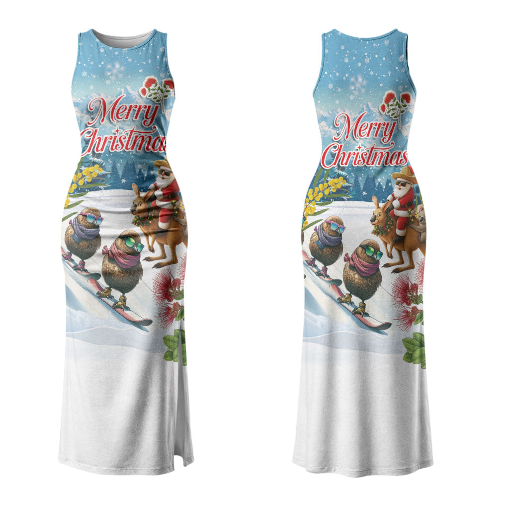New Zealand and Australia Merry Christmas Couples Matching Tank Maxi Dress and Long Sleeve Button Shirt Kiwi Birds Skiing and Koala Santa Riding Kangaroo LT03