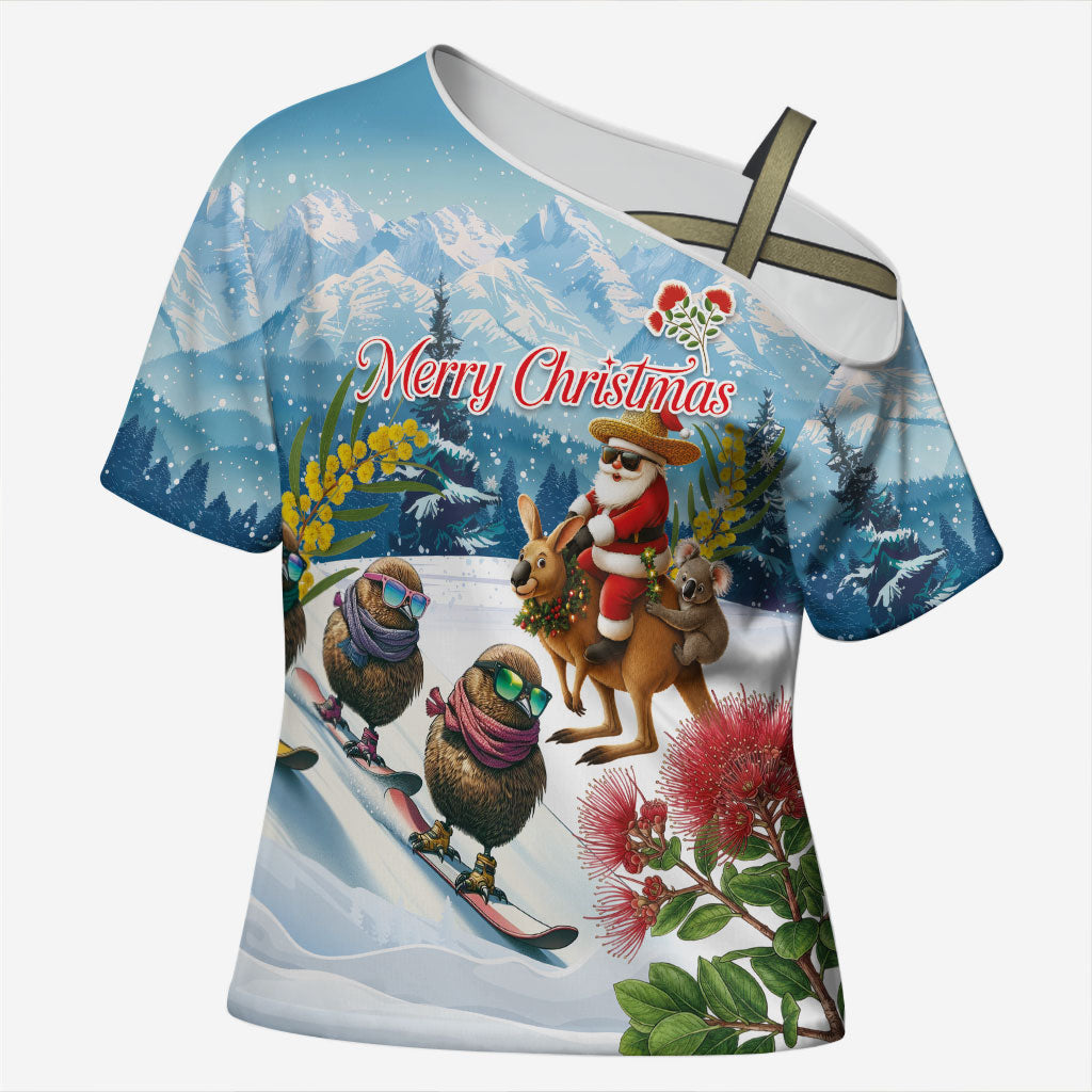 New Zealand and Australia Merry Christmas Cross Shoulder Shirt Kiwi Birds Skiing and Koala Santa Riding Kangaroo