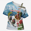 New Zealand and Australia Merry Christmas Cross Shoulder Shirt Kiwi Birds Skiing and Koala Santa Riding Kangaroo
