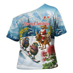 New Zealand and Australia Merry Christmas Cross Shoulder Shirt Kiwi Birds Skiing and Koala Santa Riding Kangaroo