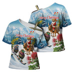New Zealand and Australia Merry Christmas Cross Shoulder Shirt Kiwi Birds Skiing and Koala Santa Riding Kangaroo