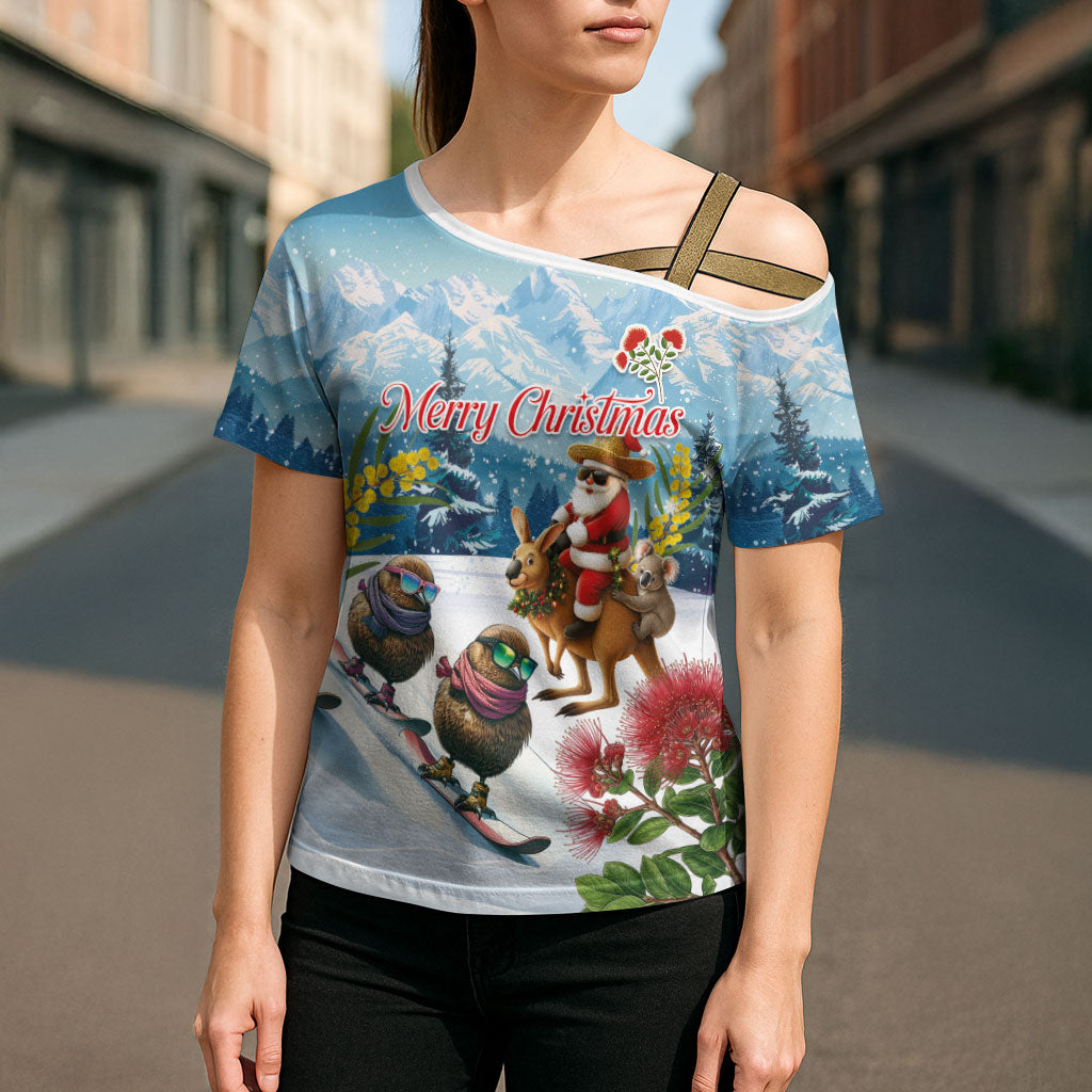 New Zealand and Australia Merry Christmas Cross Shoulder Shirt Kiwi Birds Skiing and Koala Santa Riding Kangaroo