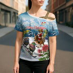 New Zealand and Australia Merry Christmas Cross Shoulder Shirt Kiwi Birds Skiing and Koala Santa Riding Kangaroo