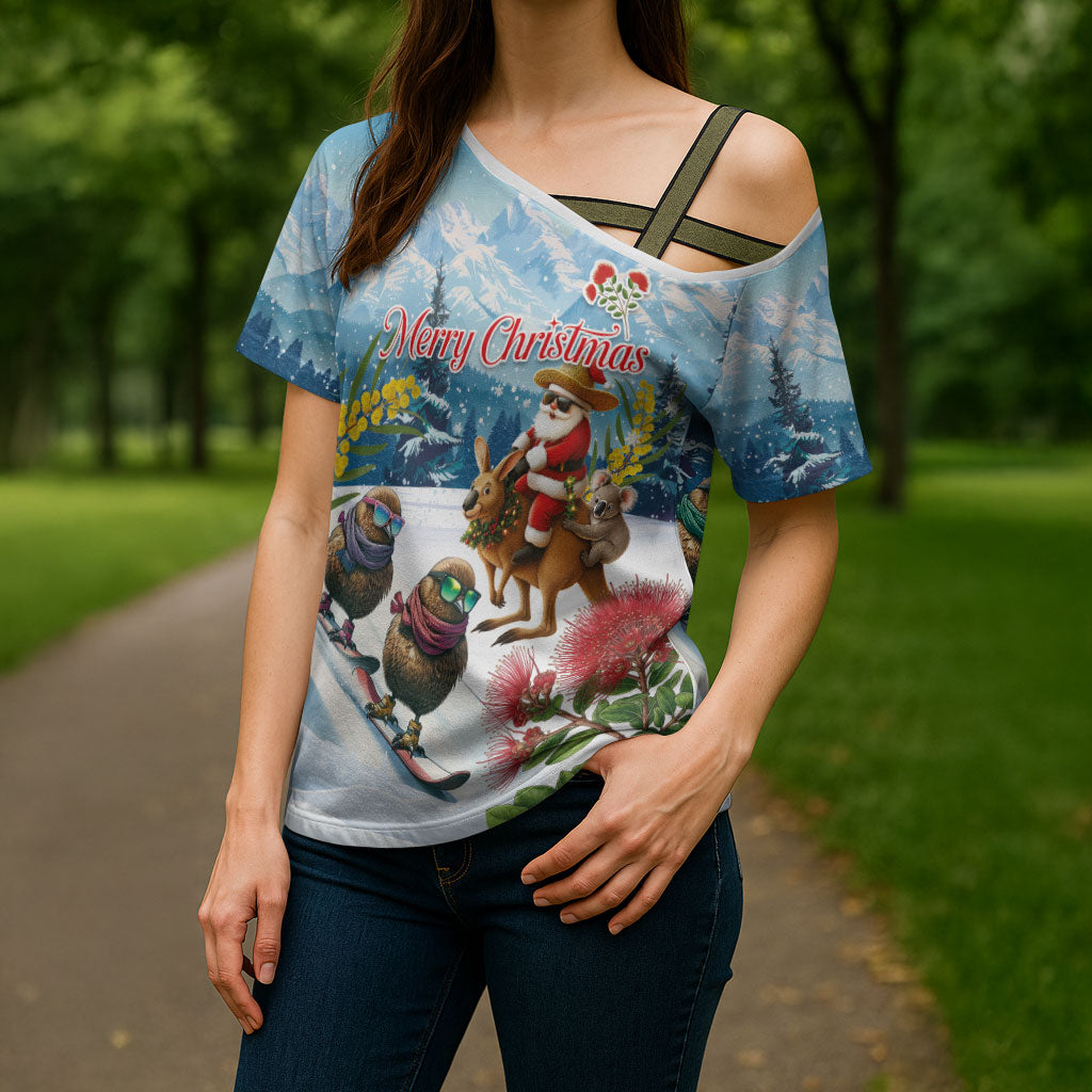 New Zealand and Australia Merry Christmas Cross Shoulder Shirt Kiwi Birds Skiing and Koala Santa Riding Kangaroo