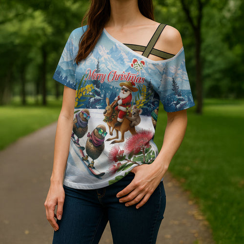 New Zealand and Australia Merry Christmas Cross Shoulder Shirt Kiwi Birds Skiing and Koala Santa Riding Kangaroo
